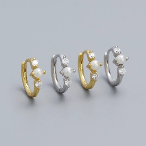 Minimalist S925 silver hoop earrings with pearl and zircon inlay in gold and silver set