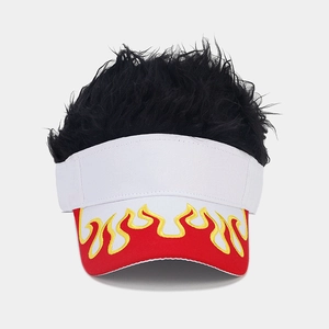 Close-up of a white visor with red flame embroidery and black synthetic hair wig