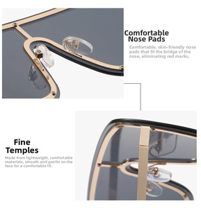 Detail of adjustable silicone nose pads and slim metal temples on oversized sunglasses