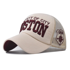 Detailed side view of vintage Boston embroidered baseball cap with breathable mesh back