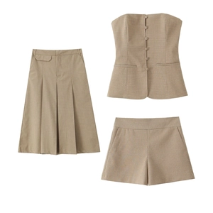 Damen Kariertes Schlauch-Oberteil Und Plissee-Rock Und Shorts Mit Hoher Taille Baumwollmischung Streetwear Khaki
