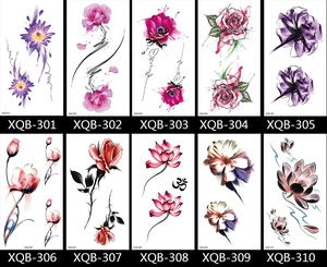 Collection of ten watercolor floral tattoo stickers with model numbers XQB-301 to XQB-310