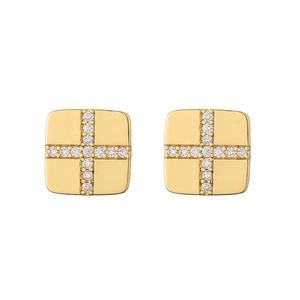 Detailed view of golden square stud earrings featuring a cross pattern set with clear crystals