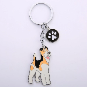 Detail showing enamel wire fox terrier charm and black paw print pendant on silver keychain
