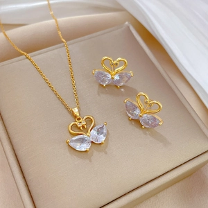 Luxurious gold swan necklace and earrings set with micro-inlaid crystals for banquet