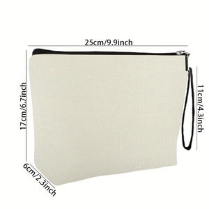 Beige canvas makeup bag with black cat print and dimensions 25x17x6cm shown in 3D view