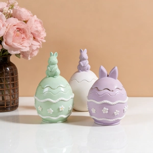 Easter bunny egg storage jar resin molds in mint green, cream, and lavender colors