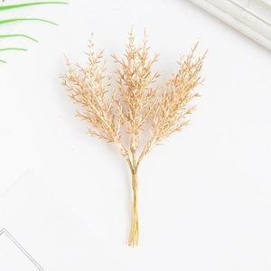 Golden artificial cedar branch with three-forked stems for DIY floral crafts and decor