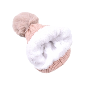 Detail showing the thick white fleece lining and soft pink knitted texture of the warm hat