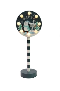 Detail showing wooden Christmas STOP sign lamp with penguin graphics and 8 warm LED lights