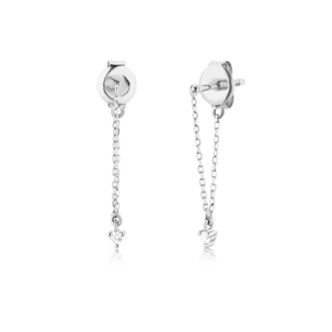 Detail view of S925 silver long chain tassel earrings with turquoise and diamond accents