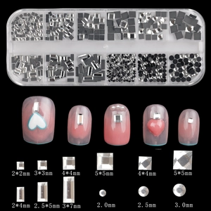 Detail view of 12-grid nail art rhinestones kit with various sizes and sizes specifications