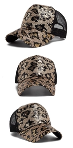 Three-way view of leopard print sequin baseball cap with black mesh back and sun visor
