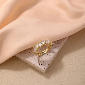 Detail of gold adjustable ring featuring heart-cut cubic zirconia and claw setting