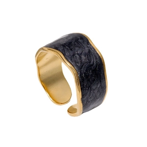 Minimalist golden stainless steel open ring with black enamel band for women