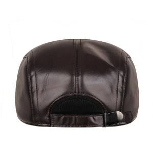 Deep brown PU leather ivy cap with adjustable metal buckle and mesh lining back view