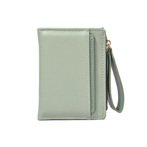 Compact green lychee textured PU leather wallet with gold zipper and wrist strap