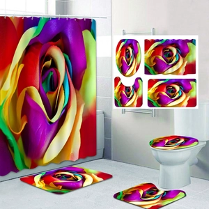 Detail of waterproof rose shower curtain and flannel bath mats with 3D floral prints