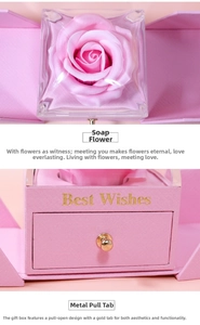 Close-up of pink soap flower jewelry gift box with a metal drawer handle and Best Wishes text