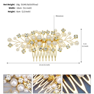 Detail view of pearl and rhinestone bridal hair comb with dimensions and craftsmanship