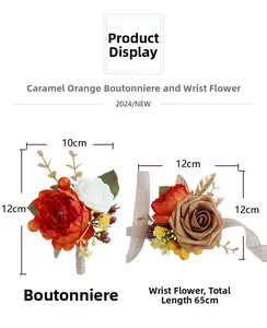 Detailed view of caramel orange corsage and wrist flower set with size dimensions