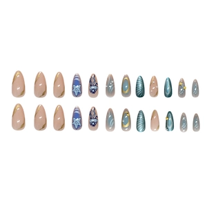 Deep sea blue ocean theme press-on nails with 3D starfish, shells and pearls
