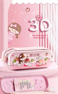 Macro view of 3D embossed girl pattern on pink double-layer stationery pencil case