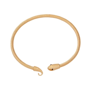 Golden snake wrap open bangle featuring twisted cable texture and sleek serpent head design