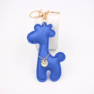 Detailed blue PU leather giraffe keychain with gold metal clasp and numeric charm tag