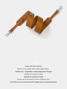 Brown leather shoulder strap with silver hooks and detailed measurement specifications