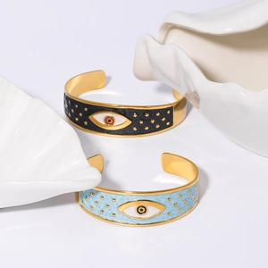 Enamel Evil Eye stainless steel open cuff bracelet with vintage geometric floral accents