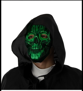 Detail of green skull mask with black hooded cloak for Halloween party and cosplay costume