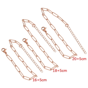 Three rose gold stainless steel link chains showing sizes 16+5cm, 18+5cm, and 20+5cm