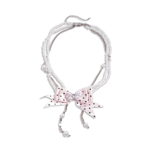 Elegant multi-layer pearl necklace featuring a pink polka dot ribbon bow with rhinestones