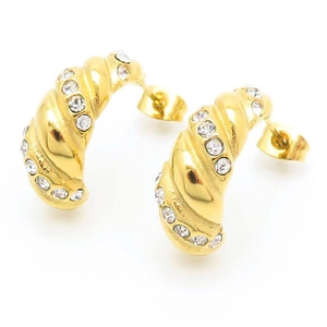 18k gold plated croissant stud earrings with sparkling cubic zirconia in wave pattern