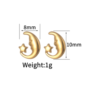 Detailed view of gold star and moon stud earrings with 8mm by 10mm dimension specs