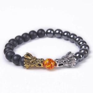 Detailed shot of beaded dragon bracelet featuring gold and silver charms with tiger eye stone