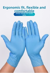 Blue disposable nitrile gloves featuring a flexible fit and ambidextrous design