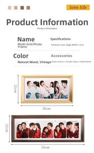 Detail specifications of multi-aperture wooden photo frames with dimensions and structure