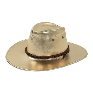 Glossy gold PU leather cowboy hat with brown braided rope band for parties