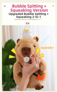 Brown capybara plush toy with a white bird accessory and orange bag side view