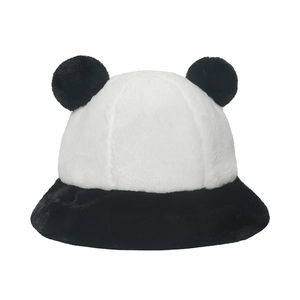 Winter plush panda bucket hat with cute black ears and warm faux fur material for women