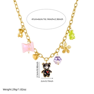 Gold chain necklace with colorful resin bear heart and flower charms shown with dimensions