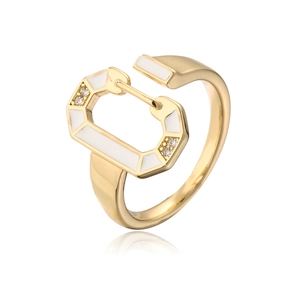 Detail of 18K gold plated copper ring with white enamel and sparkling zircon accents