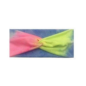 Macro shot of tie-dye sports headband with twist knot in blue, pink and yellow fabric