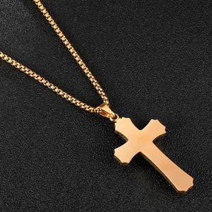 Three-layer 3D gold stainless steel cross necklace pendant with box chain on black texture