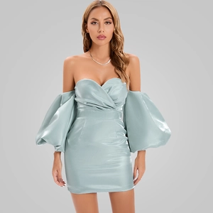 Elegant light blue satin off-shoulder mini dress with puff sleeves and bodycon fit