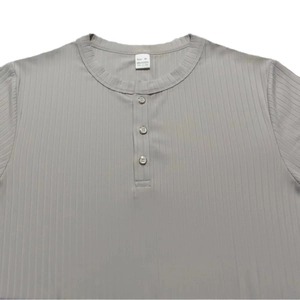 Detail of grey ribbed Henley V-neckline with three buttons and Size M fabric label