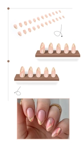 Detailed set of almond press-on nails with golden glitter stripes and pink wavy lines