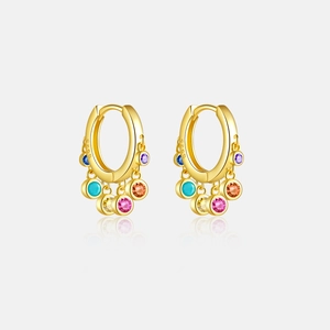 Macro shot of 925 sterling silver hoop earrings with vibrant colorful cubic zirconia gems